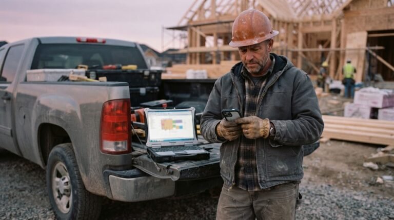 Contractor at a job site comparing the best website builder for contractors on a phone and laptop