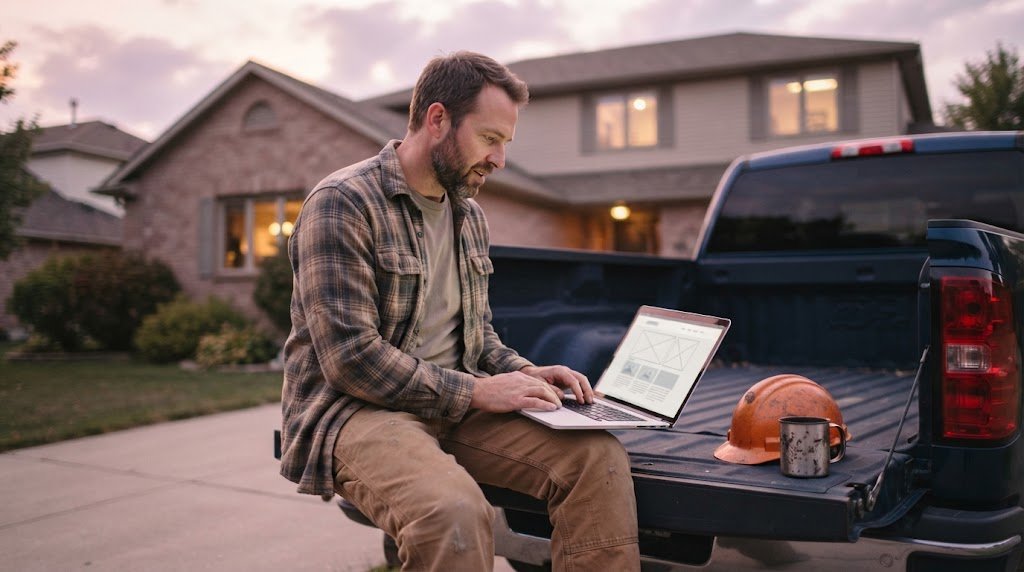 Contractor Building a Website With AI Home service contractor using an AI website builder on a laptop beside a work truck
