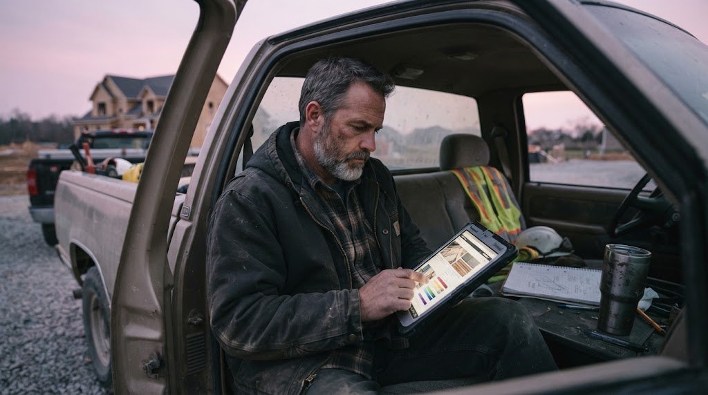 Contractor in a truck cab comparing website builder for contractors features on a tablet