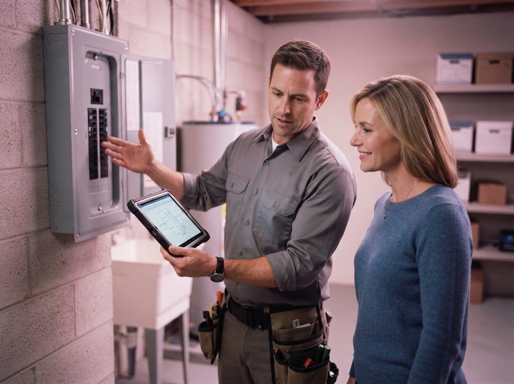 Web Design for Electricians Built to Turn Searches Into Calls 3 Electrician showing a homeowner next steps on a tablet beside an electrical panel, a reassuring service experience that good web design for electricians supports