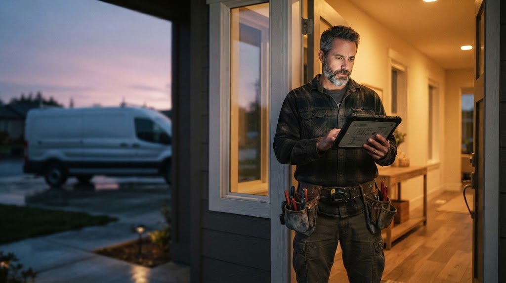 Web Design for Electricians Built to Turn Searches Into Calls 1 Electrician with a tablet at a home entryway at dusk, representing web design for electricians that turns homeowner searches into service calls
