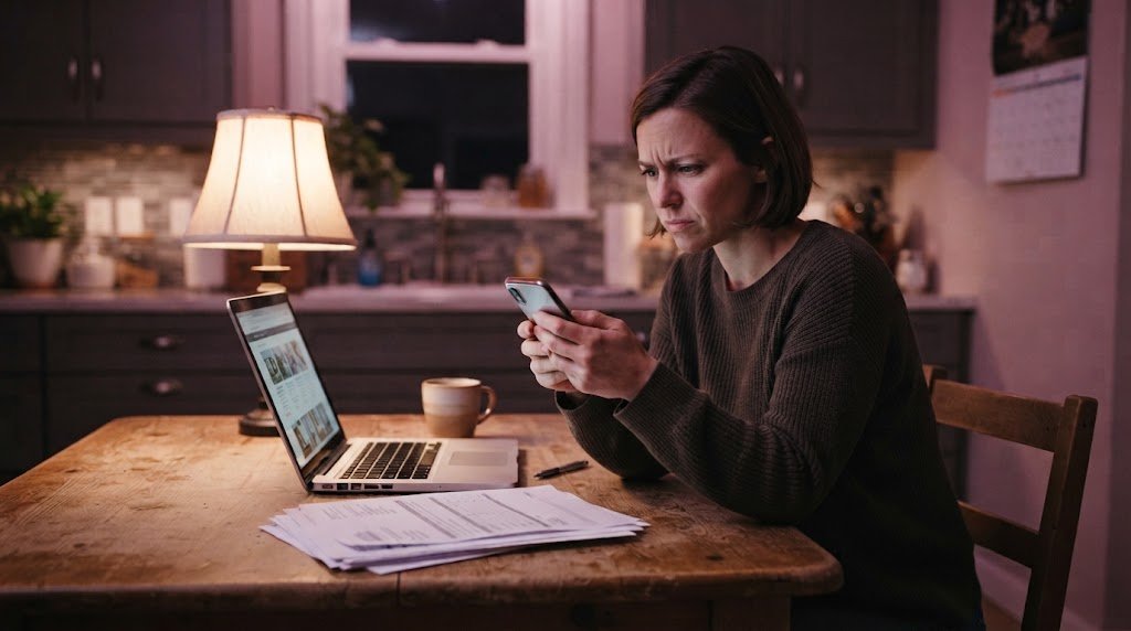 Homeowner Comparing Contractor Websites Homeowner comparing contractor websites on a phone, showing why generic AI-built sites lose calls