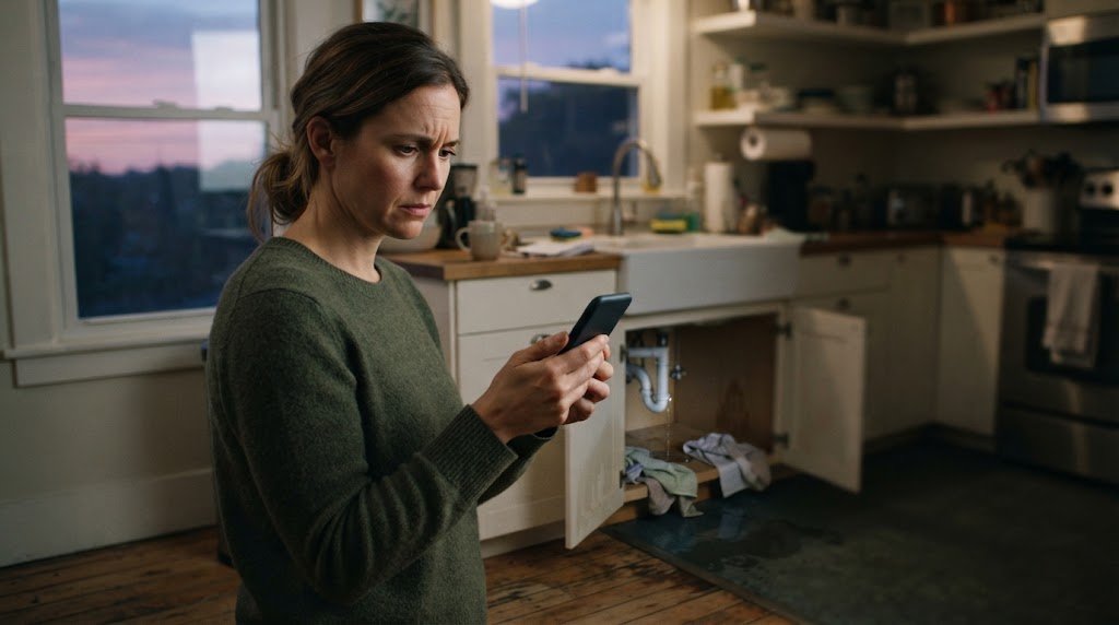 Homeowner Searching For A Plumber On Their Phone Homeowner in a kitchen checking a smartphone for a local plumber after finding a leak under the sink