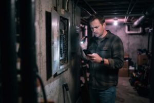 Web Design for Electricians Built to Turn Searches Into Calls 2 Homeowner holding a phone and flashlight in a dim basement while looking at an electrical panel, searching for web design for electricians who answer calls fast