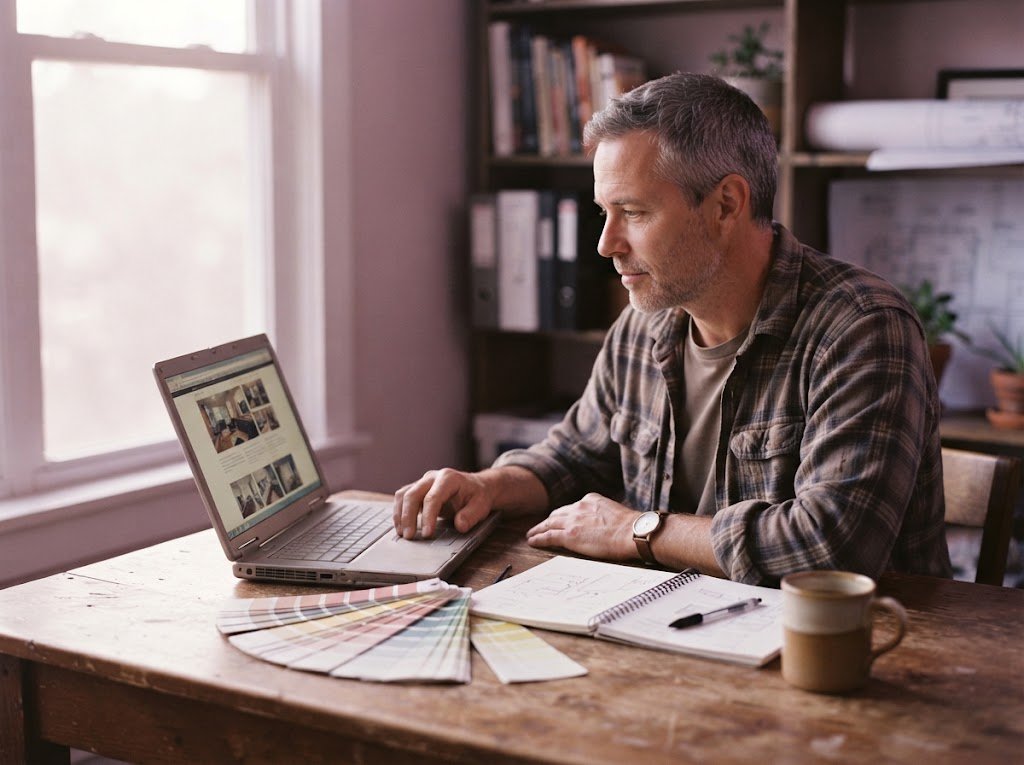 Painting company owner at a desk reviewing website design options on a laptop before hiring a web designer