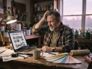 Painting business owner reviewing a generic website on a laptop, showing why generic sites lose painting estimates