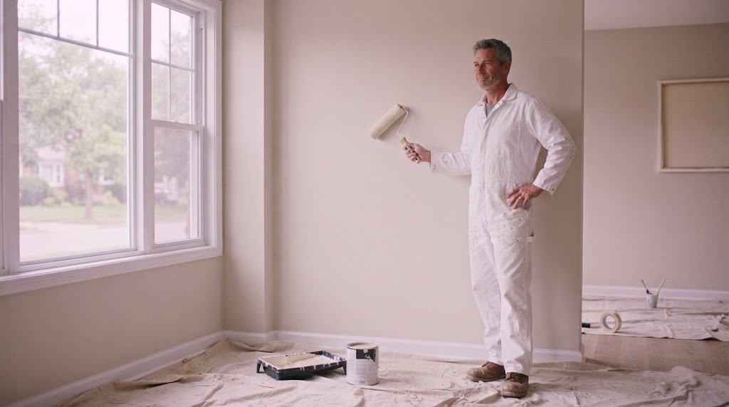 Professional painter standing in a freshly painted living room, the kind of finished-work proof web design for painters should showcase