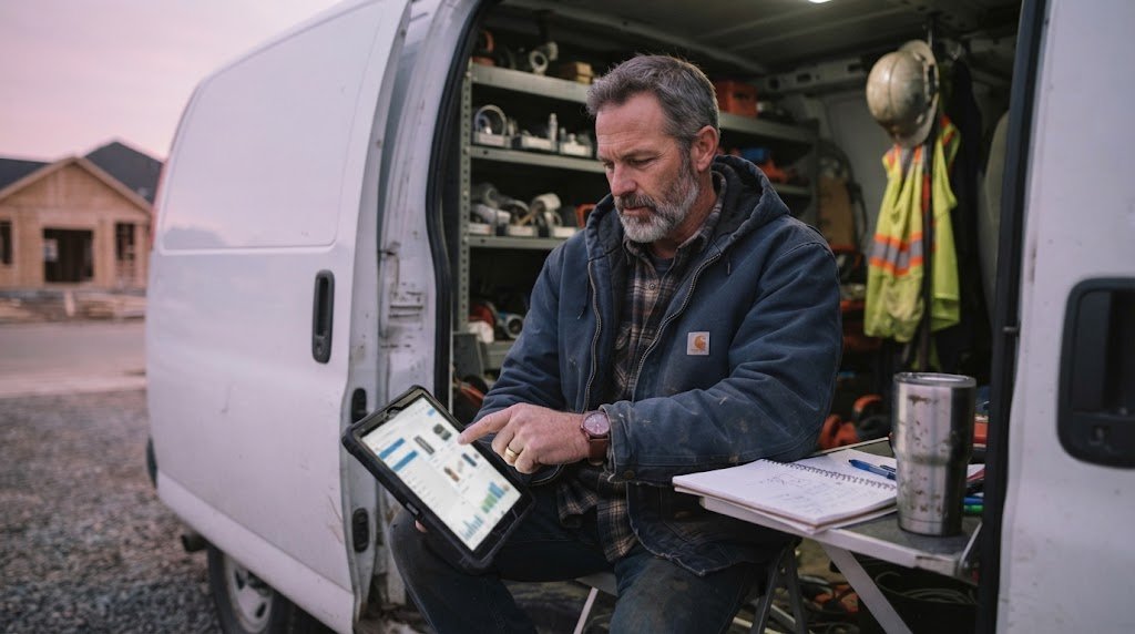 Plumber in a service van comparing plumbing website design features on a tablet