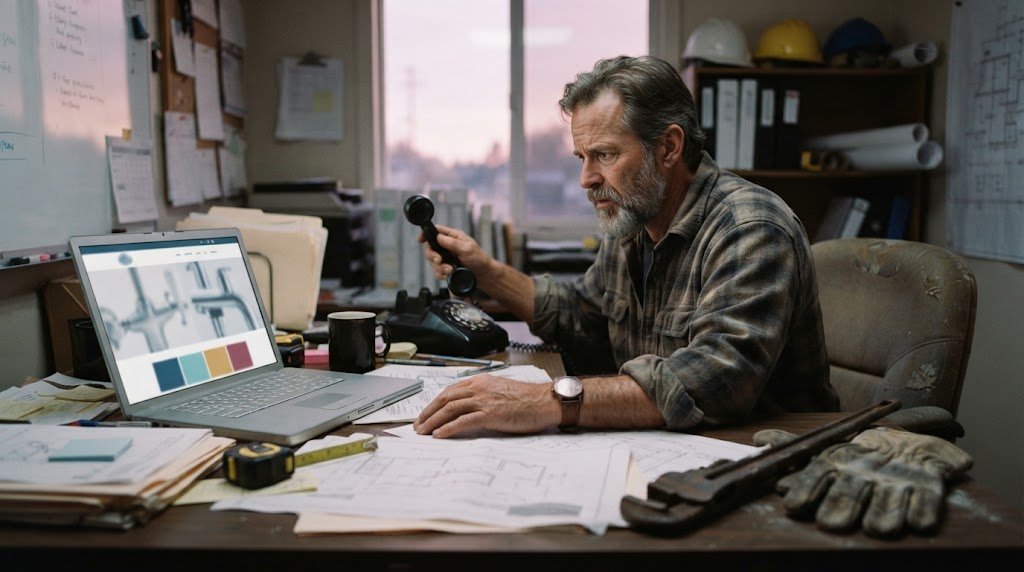 Plumbing company owner at a desk with a plumbing website on a laptop and a phone call coming in