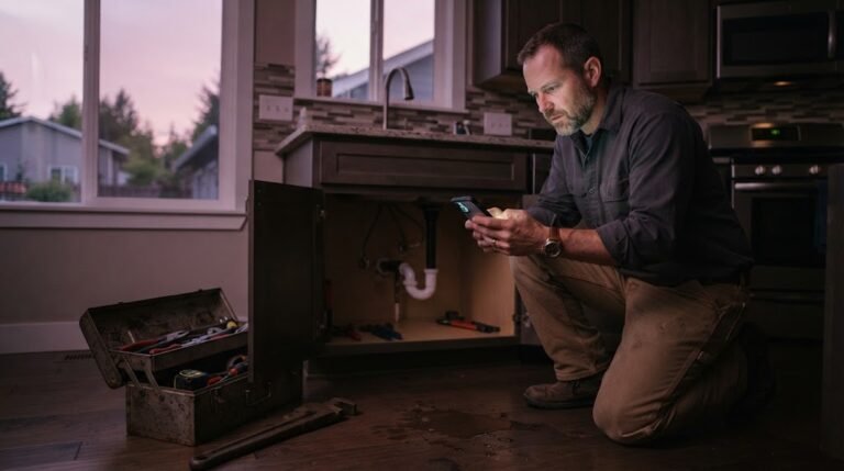 Plumber at a kitchen sink checking a phone to compare plumbing website design options