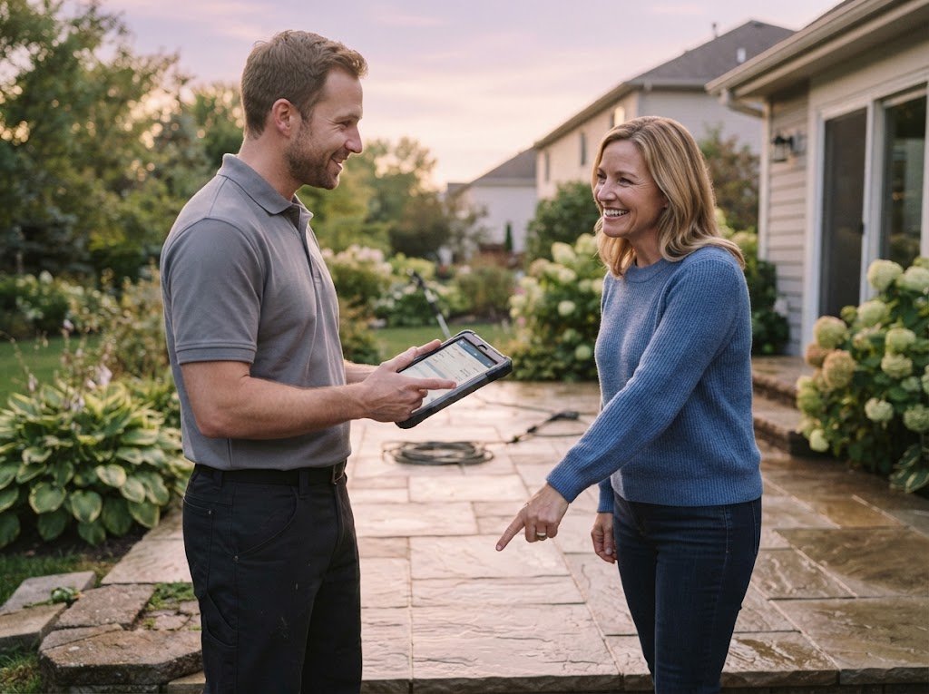 Web Design for Pressure Washing Companies 3 Pressure washing technician showing a homeowner a quote on a tablet beside a freshly cleaned patio, an easy experience that good web design for pressure washing companies supports