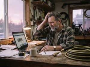 Web Design for Pressure Washing Companies 2 Pressure washing company owner reviewing a generic website on a laptop, showing why generic sites lose pressure washing jobs