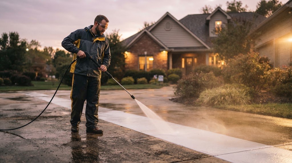 Web Design for Pressure Washing Companies 1 Pressure washing technician cleaning a driveway with a clear before and after line, the kind of visible results web design for pressure washing companies should showcase