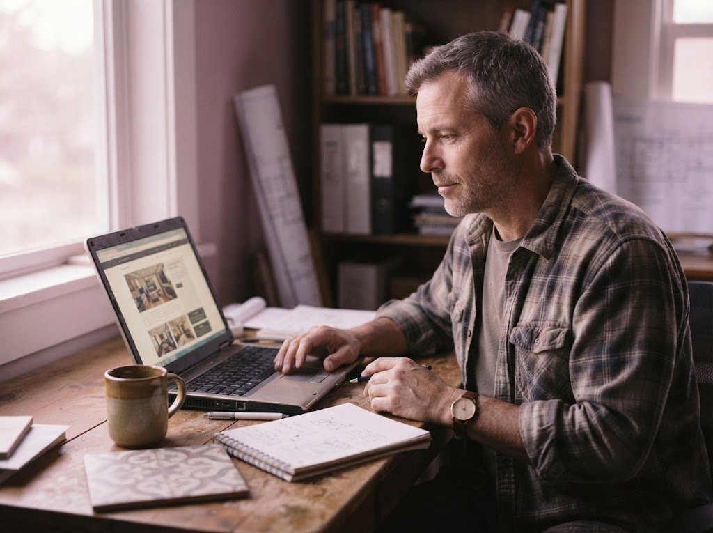 Web Design for Remodelers 4 Remodeling company owner at a desk reviewing website design options on a laptop before hiring a web designer