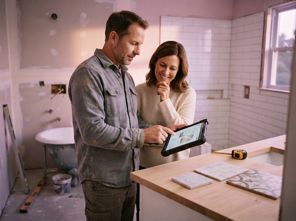 Web Design for Remodelers 3 Remodeling contractor reviewing renovation plans with a homeowner on a tablet, a reassuring consultation that good web design for remodelers supports