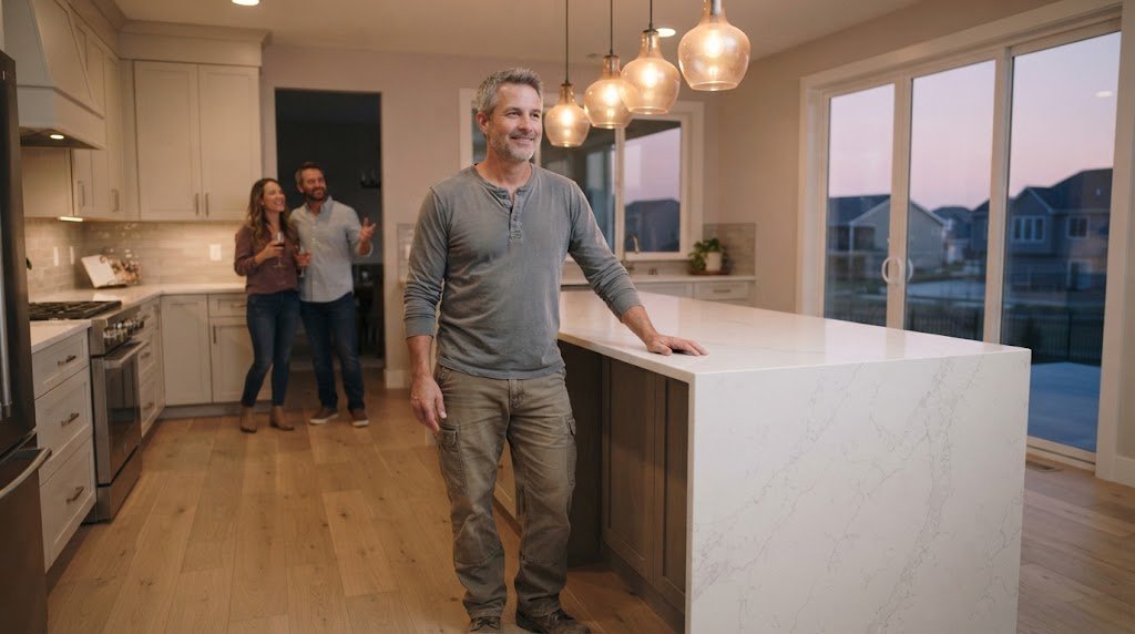 Web Design for Remodelers 1 Remodeling contractor standing in a newly finished kitchen while homeowners look on, the kind of proof web design for remodelers should showcase
