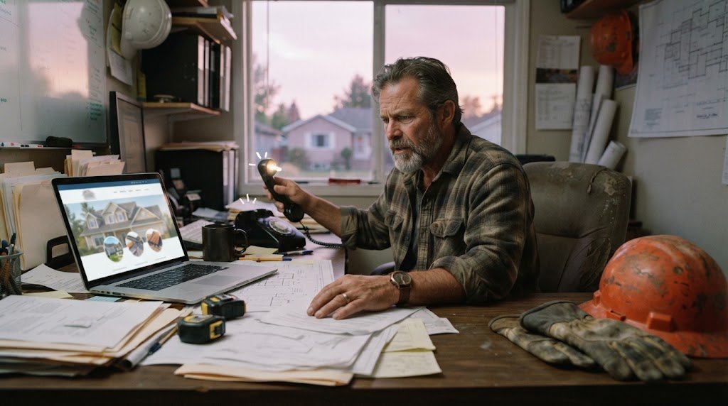 Roofing Company Website On A Laptop And Phone Roofing company owner at a desk with a roofing website on a laptop and a phone call coming in