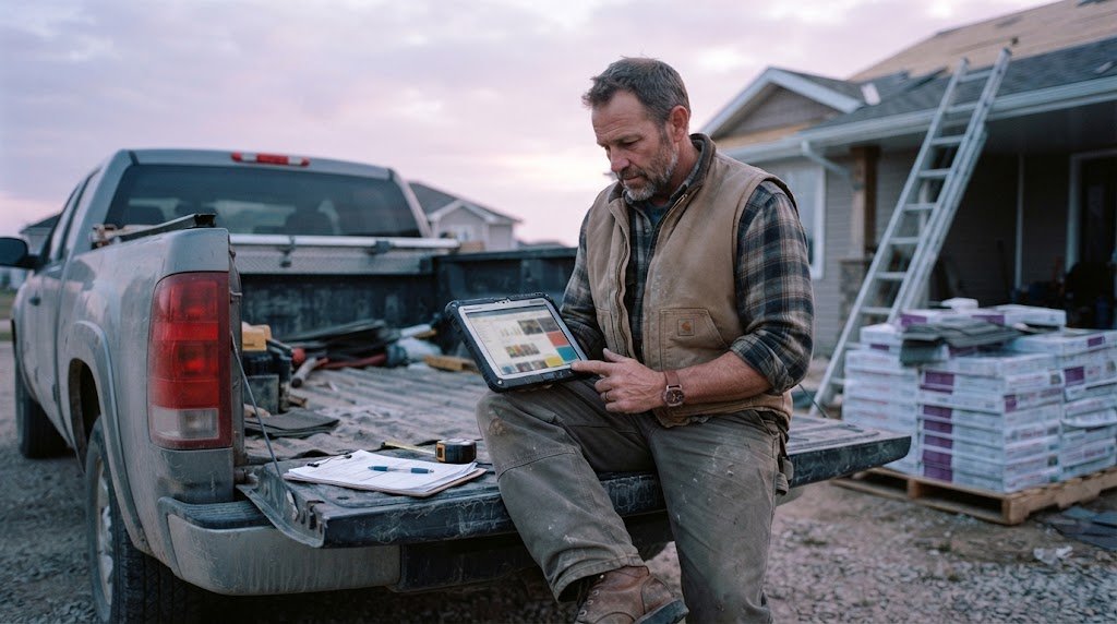 Roofing Foreman Comparing Website Builder Features Roofing foreman on a truck tailgate comparing roofing website builders features on a tablet