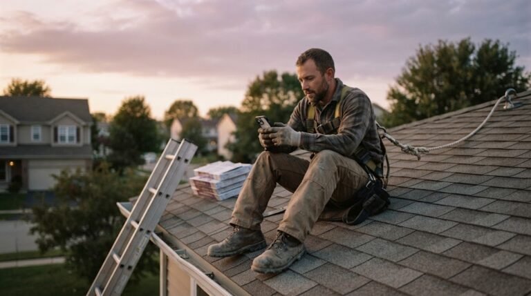 Roofer on a residential roof checking a phone to compare roofing website builders