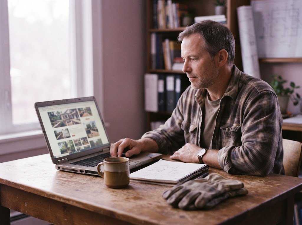 Tree service company owner at a desk reviewing website design options on a laptop before hiring a web designer