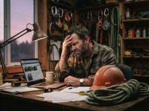 Tree service company owner reviewing a generic website on a laptop, showing why generic sites lose tree service calls