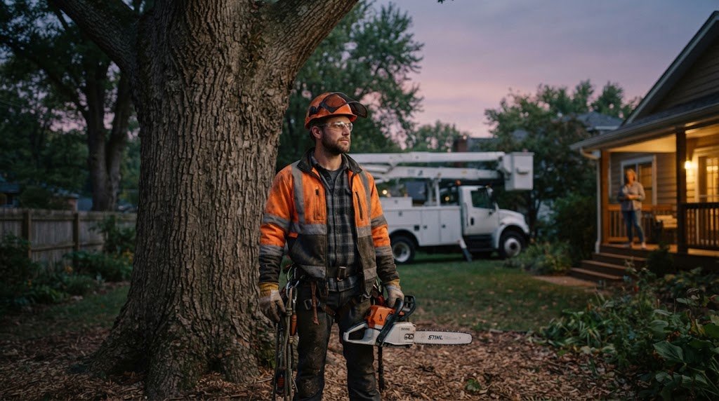 Tree service crew member in safety gear beside a mature oak in a backyard, representing web design for tree services that wins urgent local calls