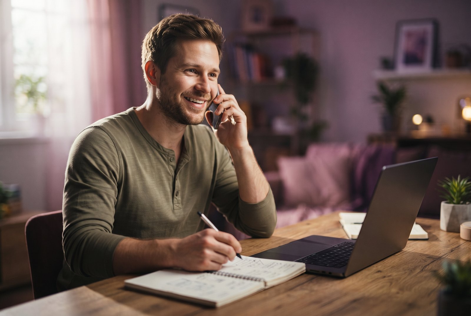 Contact Stephen J Designs About Your Website 2 Web designer smiling on a phone call and taking notes after a home service pro decides to contact Stephen J Designs